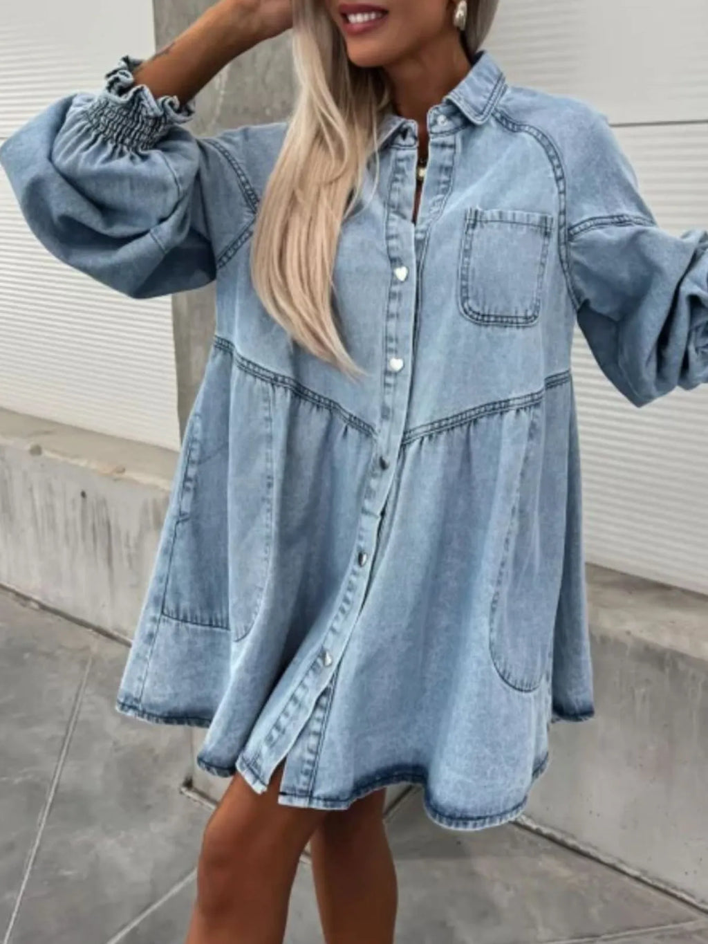 Woman wearing a  Button-Up Denim Dress