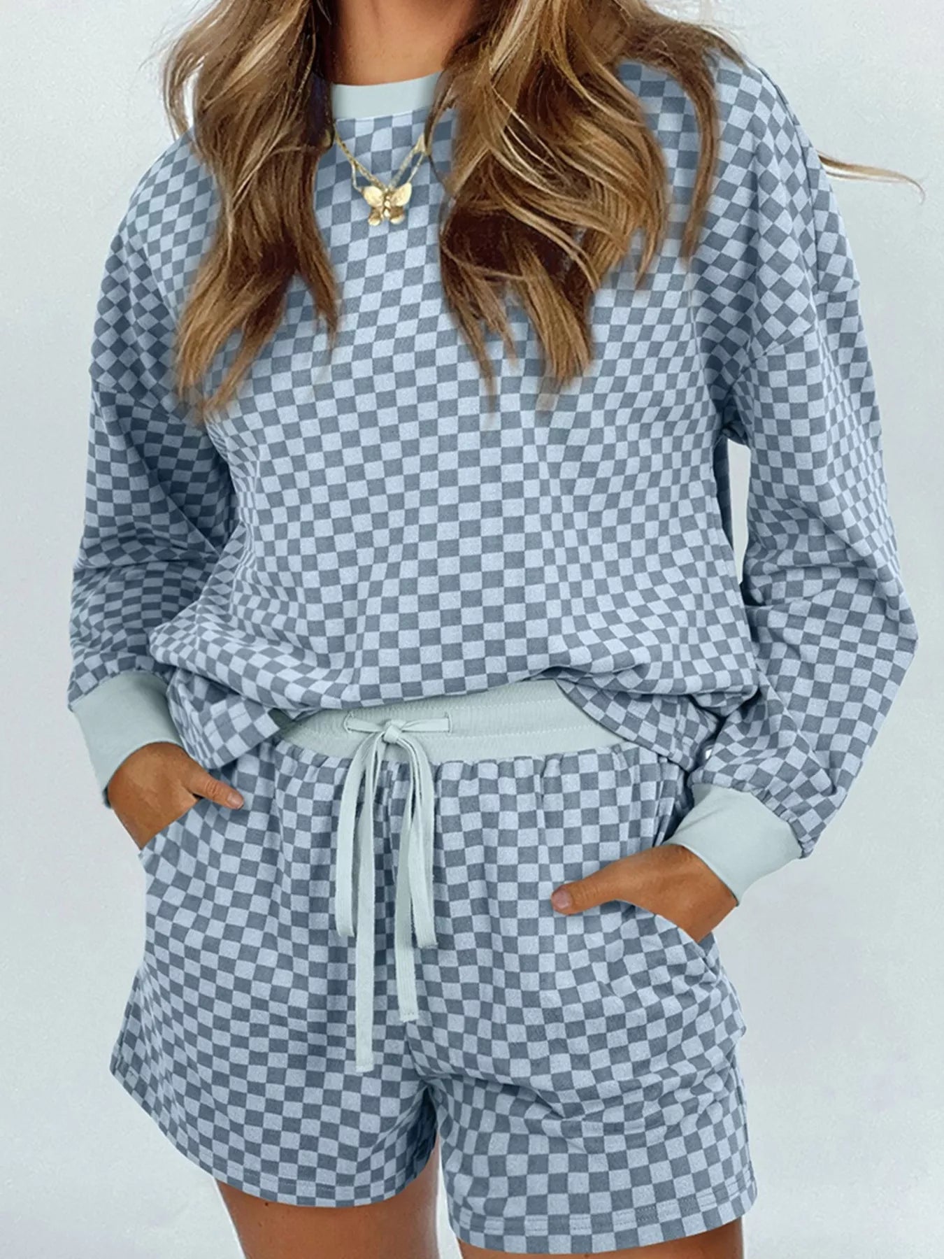 Woman wearing a Checkerboard Lounge Set