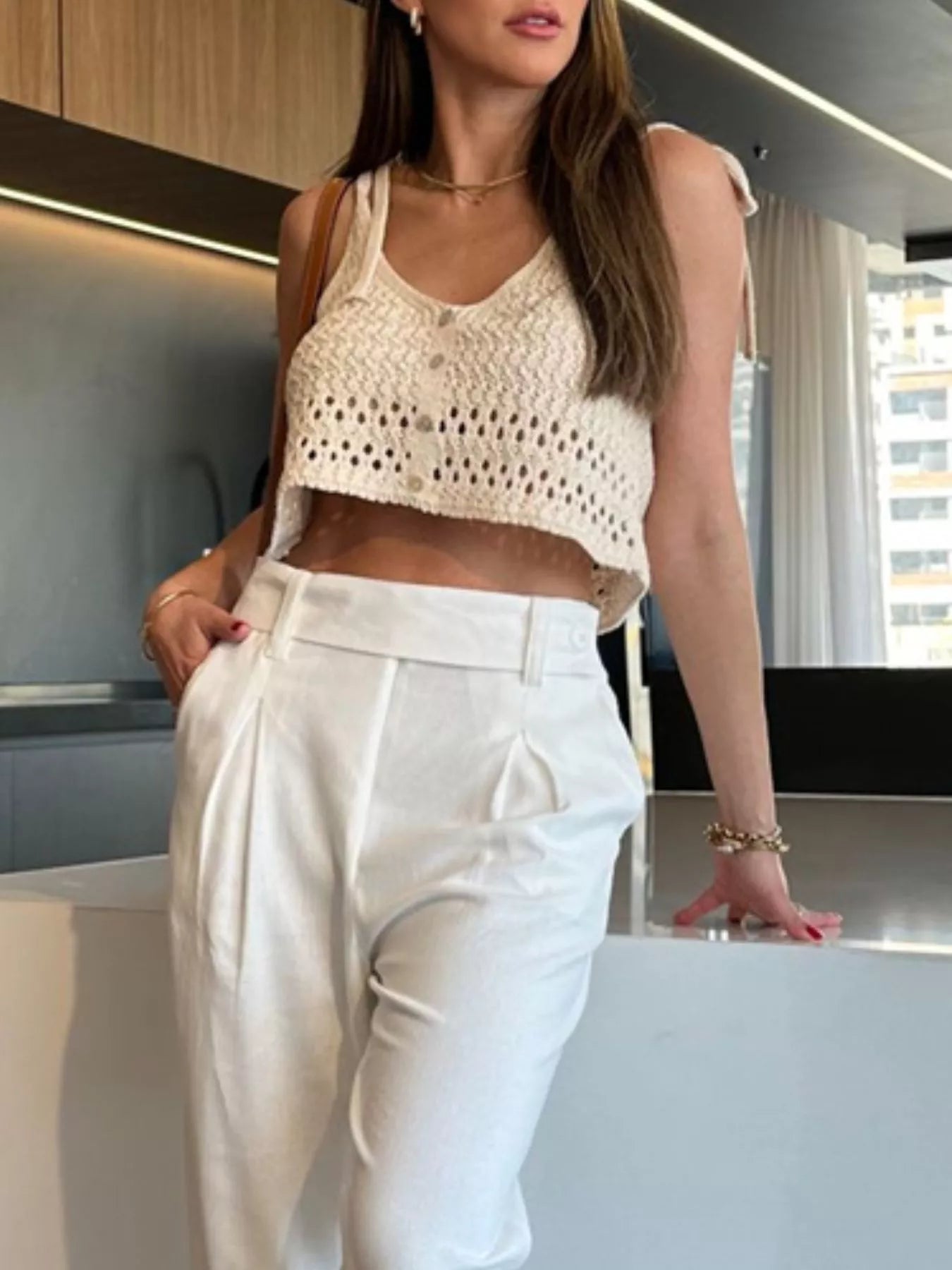 Woman Wearing a Crochet Knit Cami Top