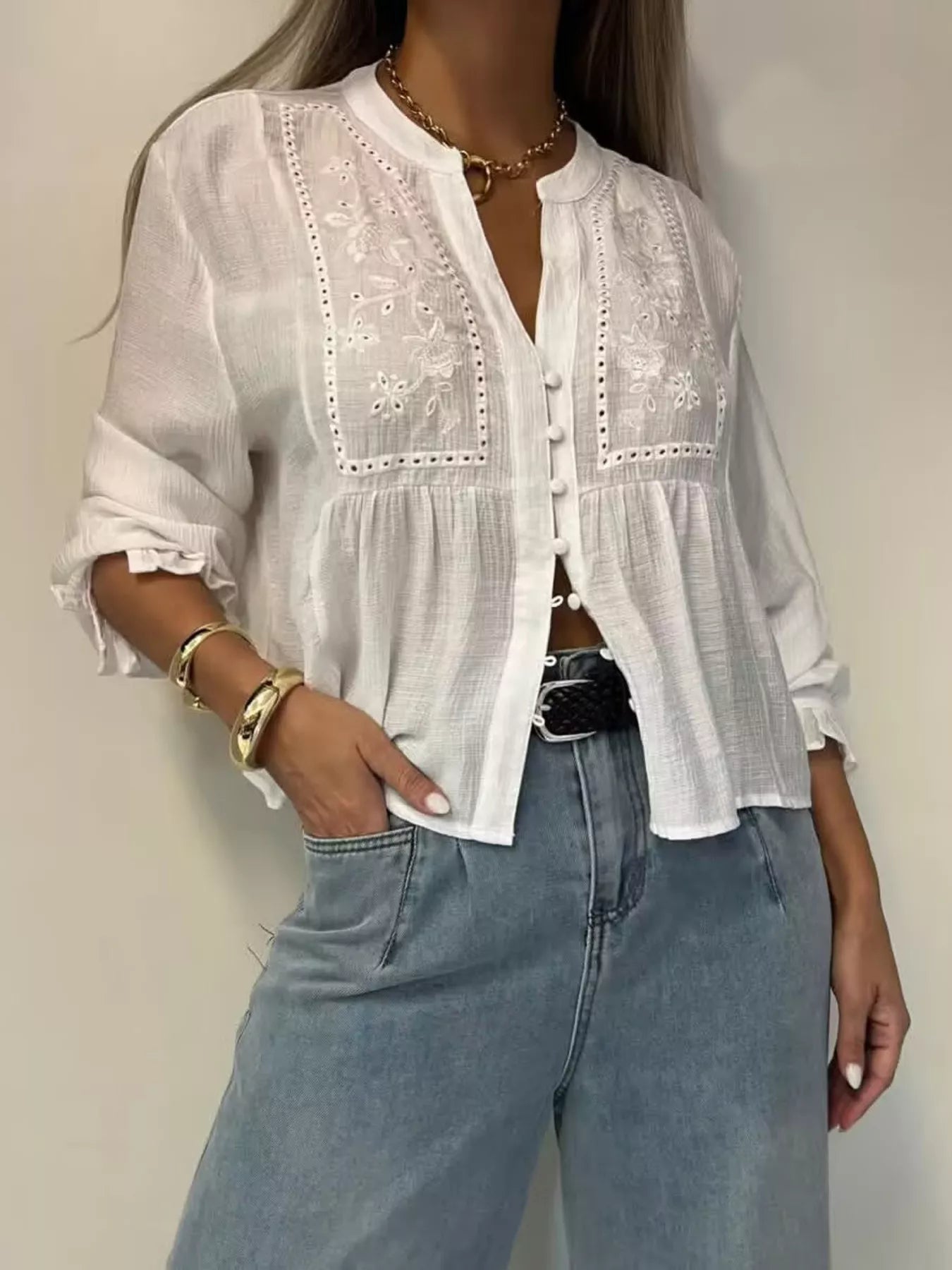 woman embroidered detail button down shirt