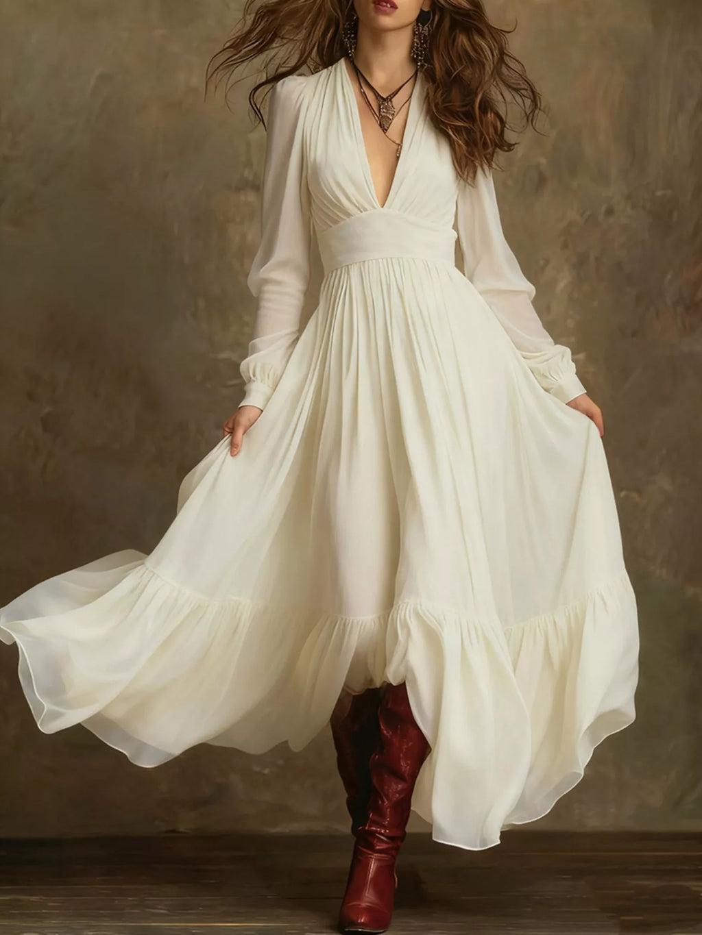 Woman Wearing A Flowy Long Sleeve Maxi Dress