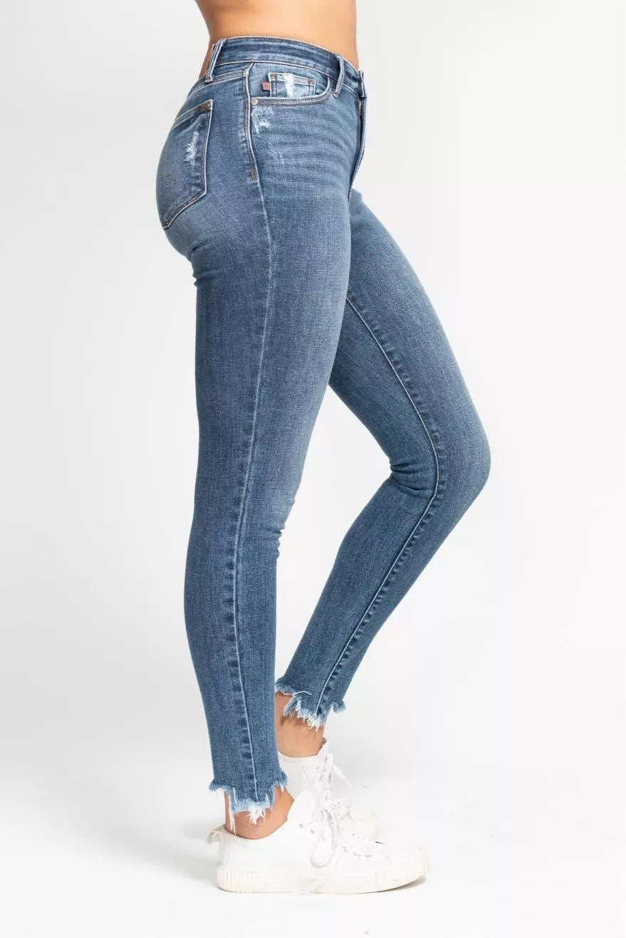 Woman Wearing High Waist Destroyed Skinny Jeans