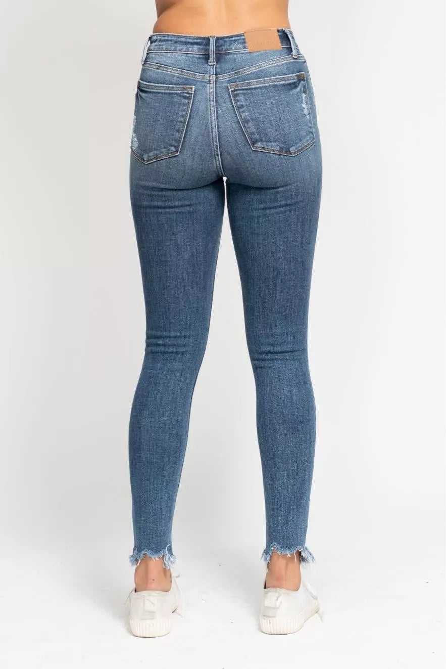 Woman wearing Judy Blue High Waist Destroyed Skinny Jeans