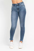 Woman Wearing Judy Blue High Waisted Destroyed Skinny Jeans