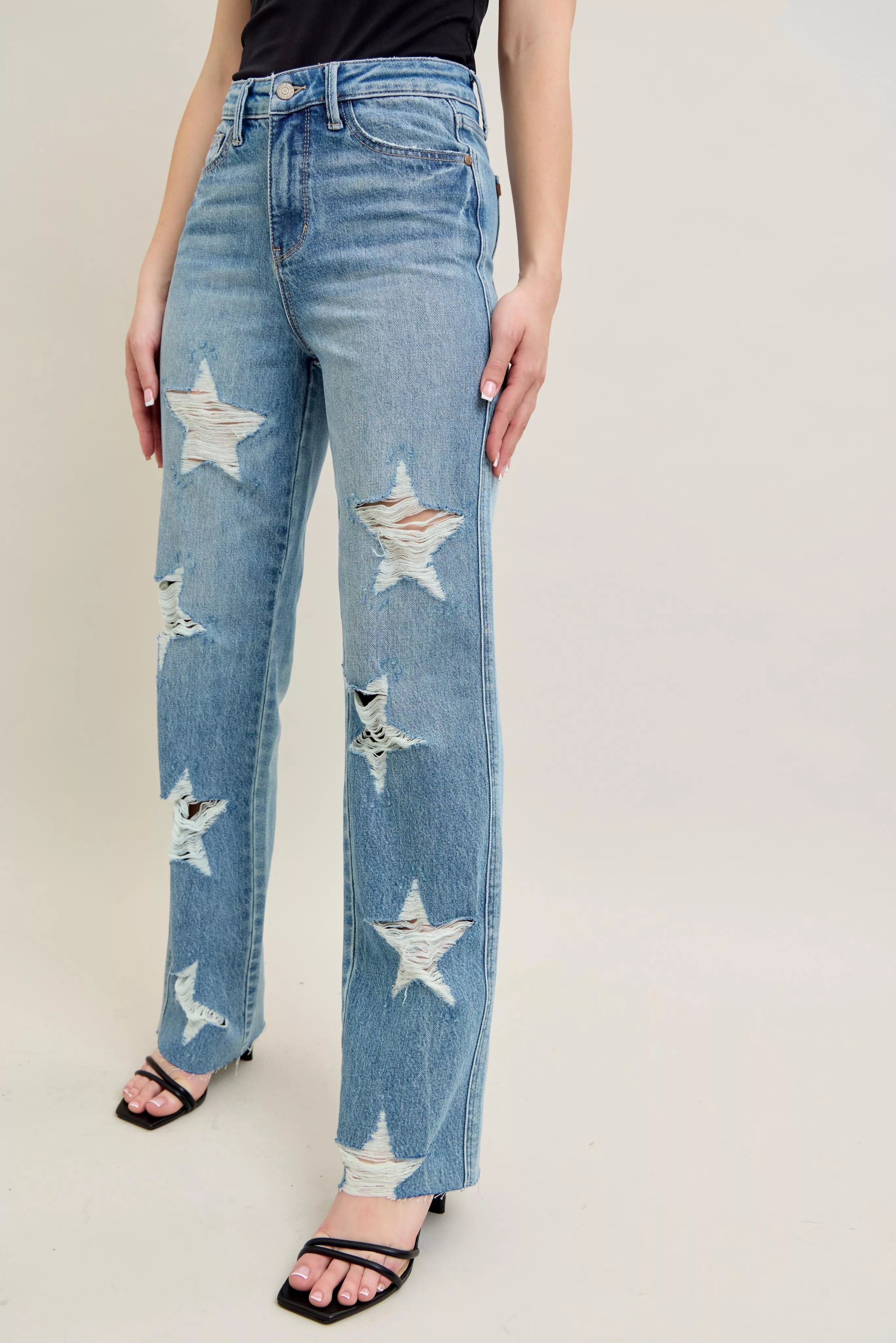Woman Wearing Judy Blue Star Pattern High Waist Destroyed 90's Jeans