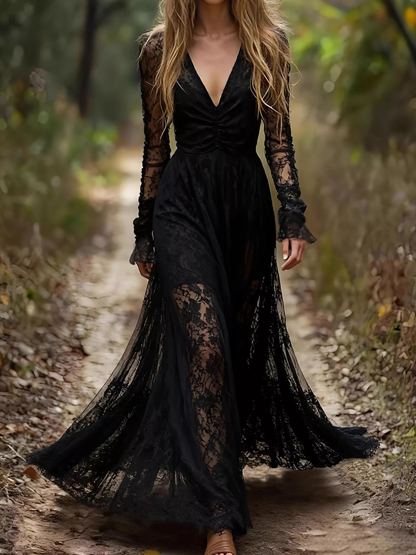 Woman Wearing A Lace Long Sleeve Maxi Dress