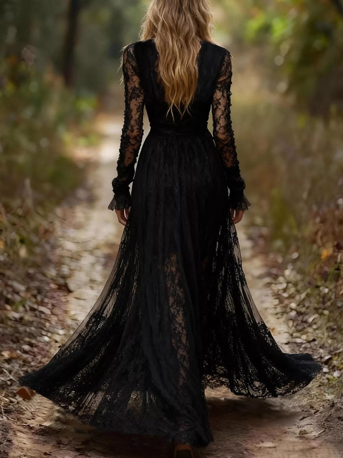 Woman Wearing A Black Lace Long Sleeve V Neck Maxi Dress
