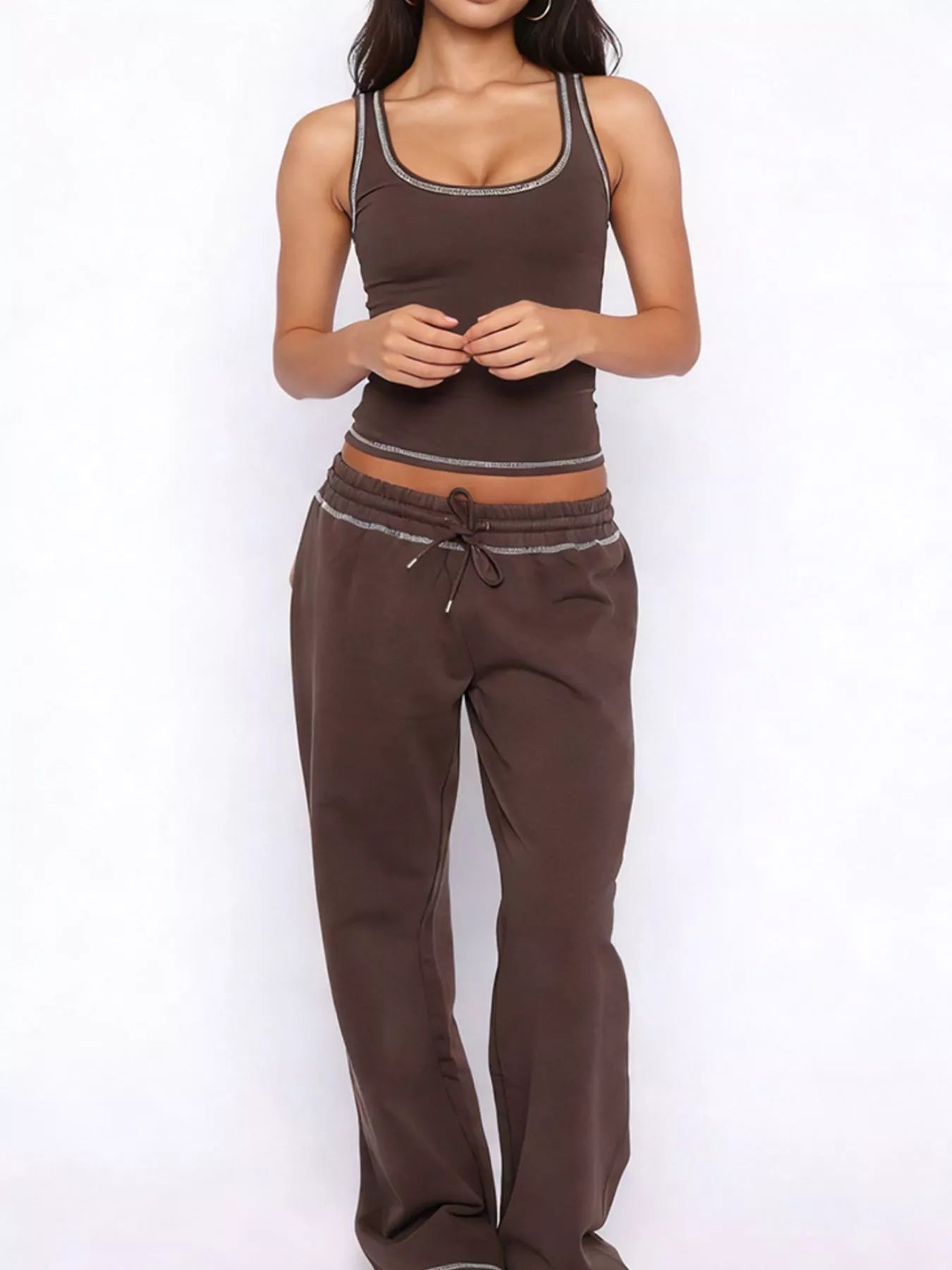 Woman Wearing A Lounge Scoop Neck Tank Top And Drawstring Pants Set