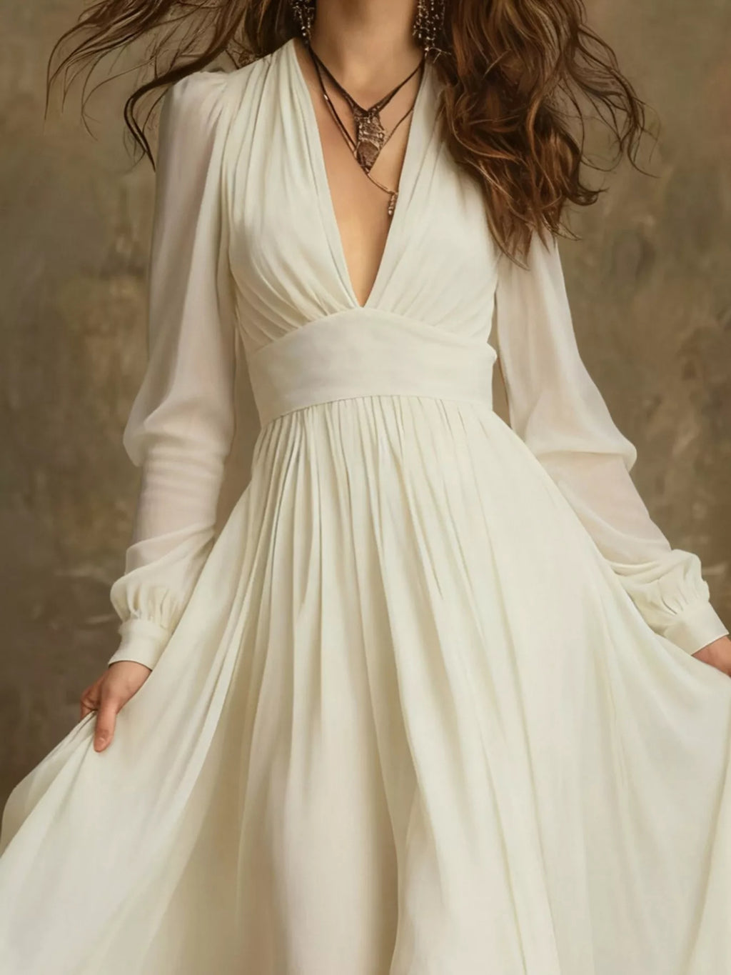 Woman Wearing A Flowy Long Sleeve Maxi Dress