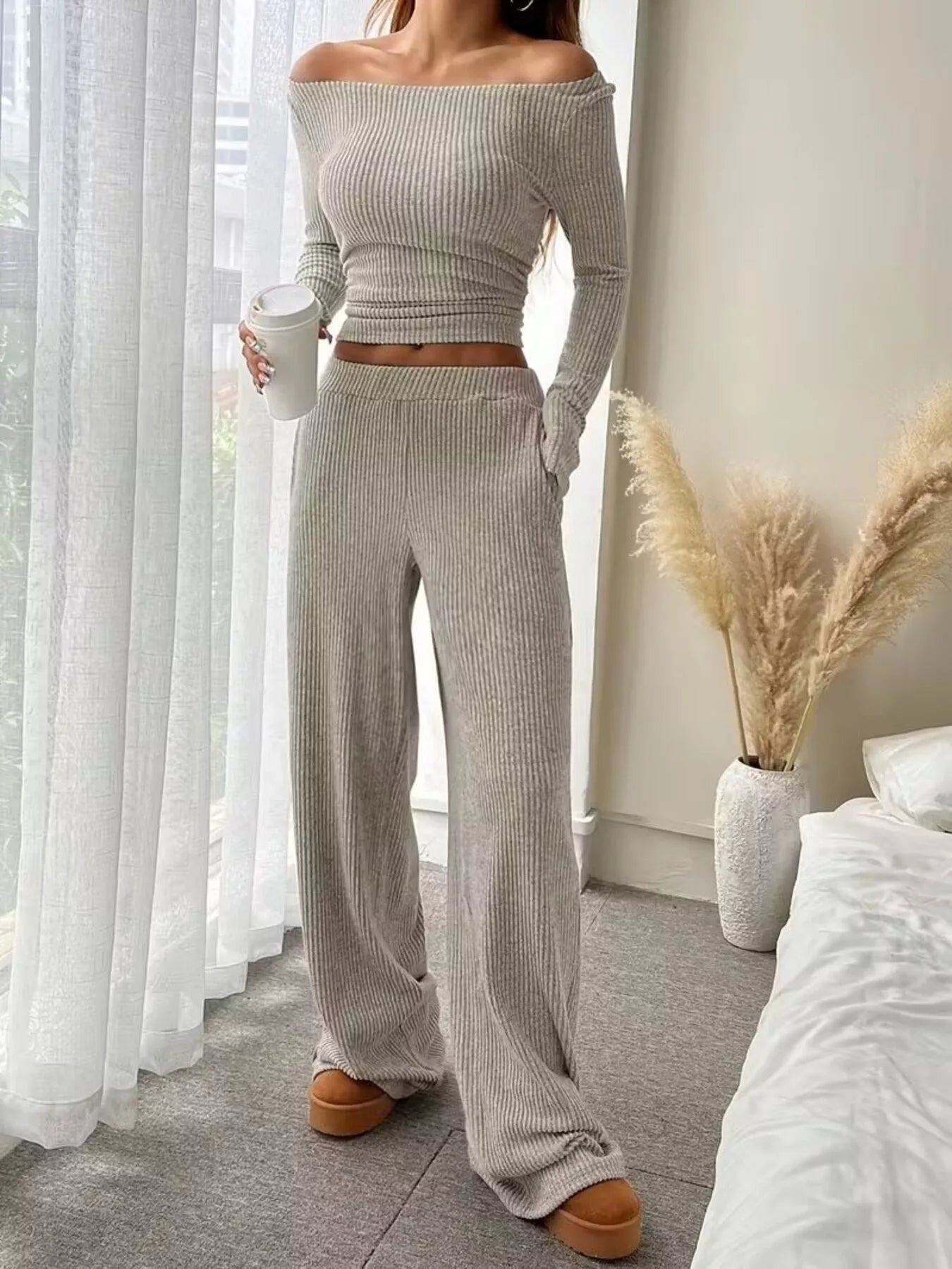 woman wearing a Ribbed Boat Neck Top & Pants Set