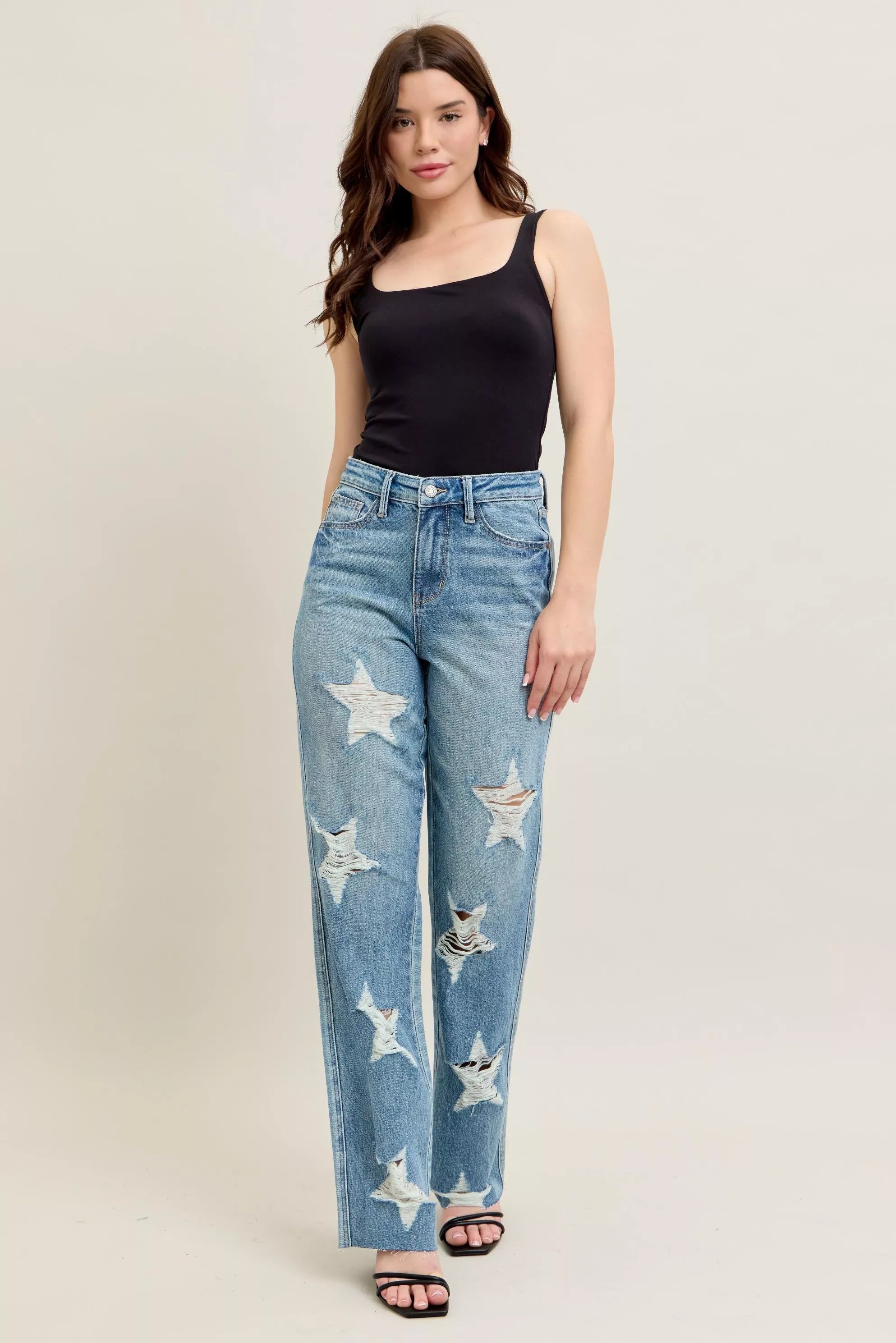 Woman wearing Star Pattern High Waist Destroyed 90's Jeans