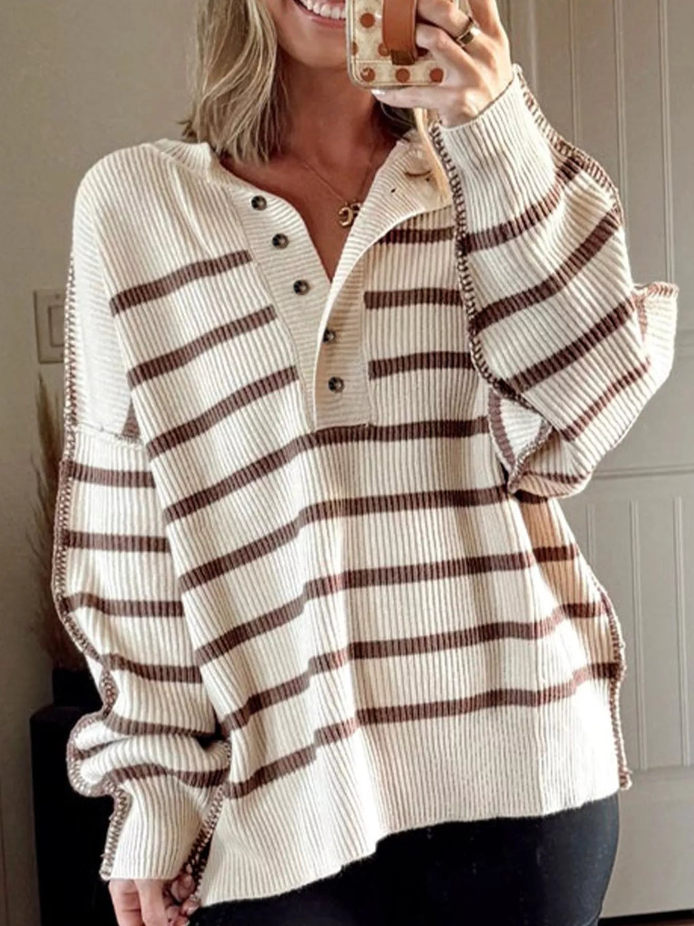 Woman wearing a Stripe Ribbed Henley Slouchy Sweater
