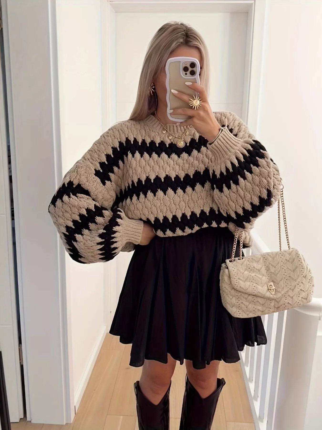 Woman textured stripe knit sweater