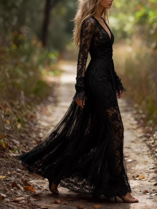 Woman Wearing A V Neck Lace Long Sleeve Maxi Dress