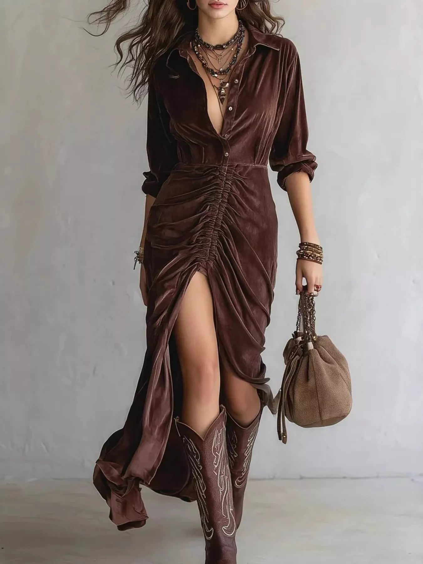 Woman Wearing A Velvet Ruched Slit Long Sleeve Dress