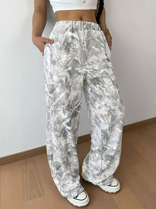 woman wearing camo wide leg lounge pants
