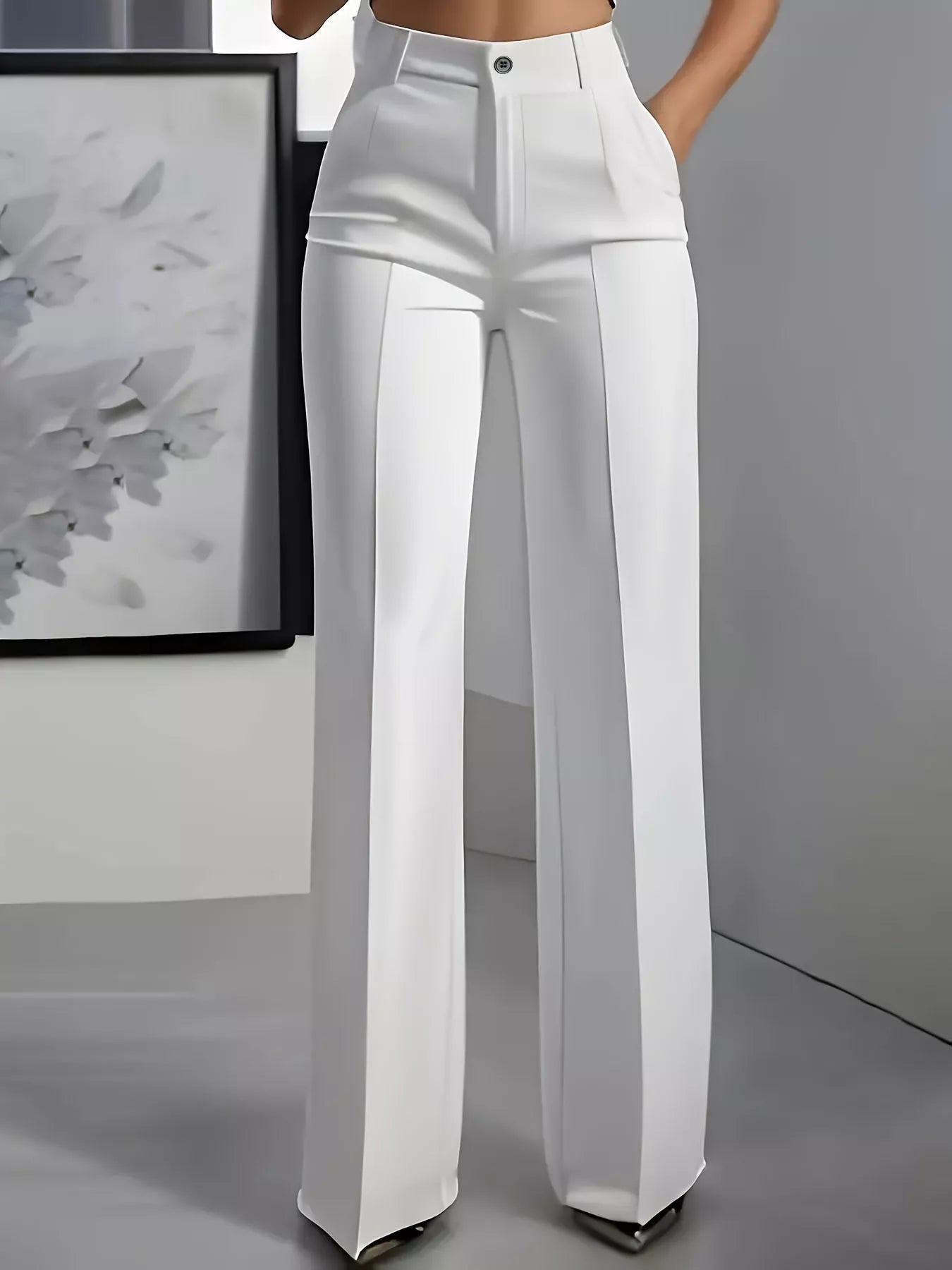 woman wearing high waisted wide leg business casual slacks