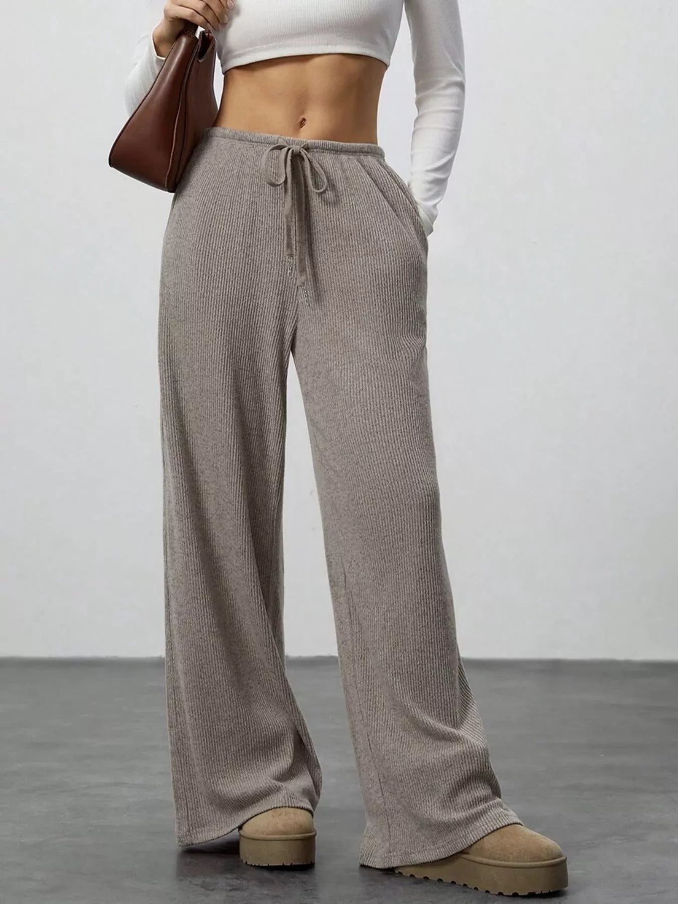 woman wearing relaxed fit drawstring lounge pants