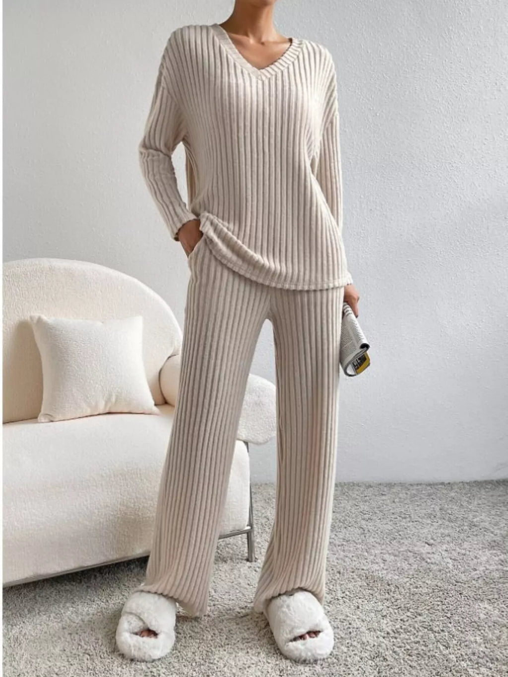 woman wearing a ribbed matching two piece loungewear set
