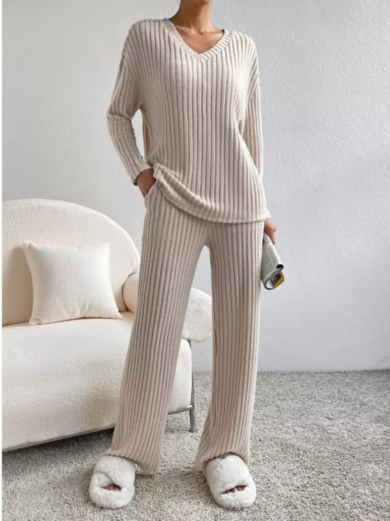 woman wearing a ribbed matching two piece loungewear set