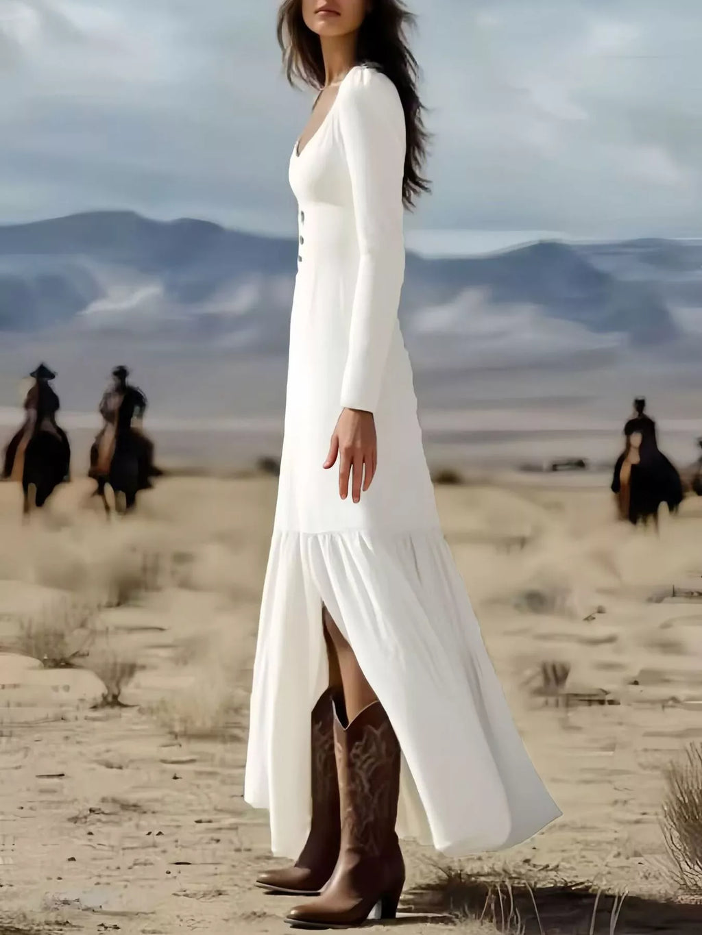 woman wearing a long white slit maxi dress