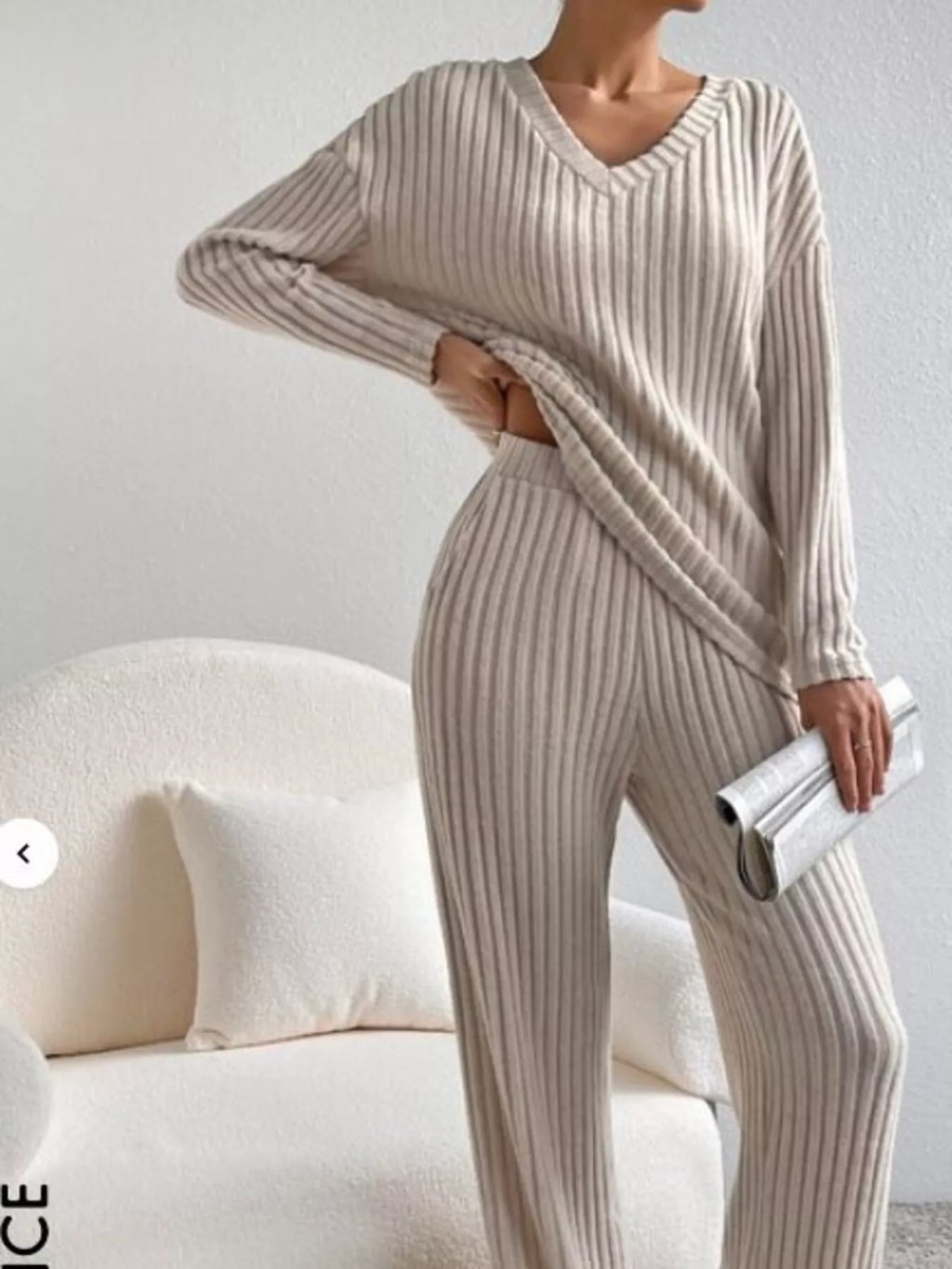 woman wearing a two piece matching ribbed lounge wear set