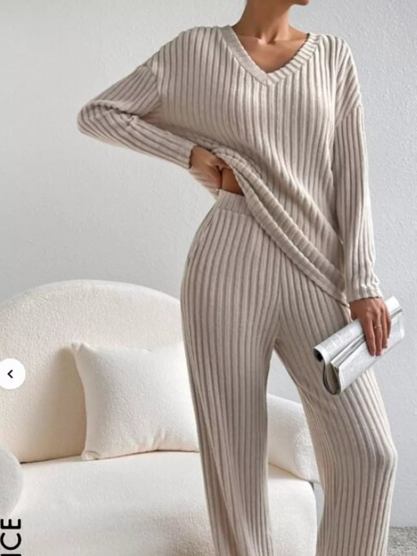 woman wearing a two piece matching ribbed lounge wear set