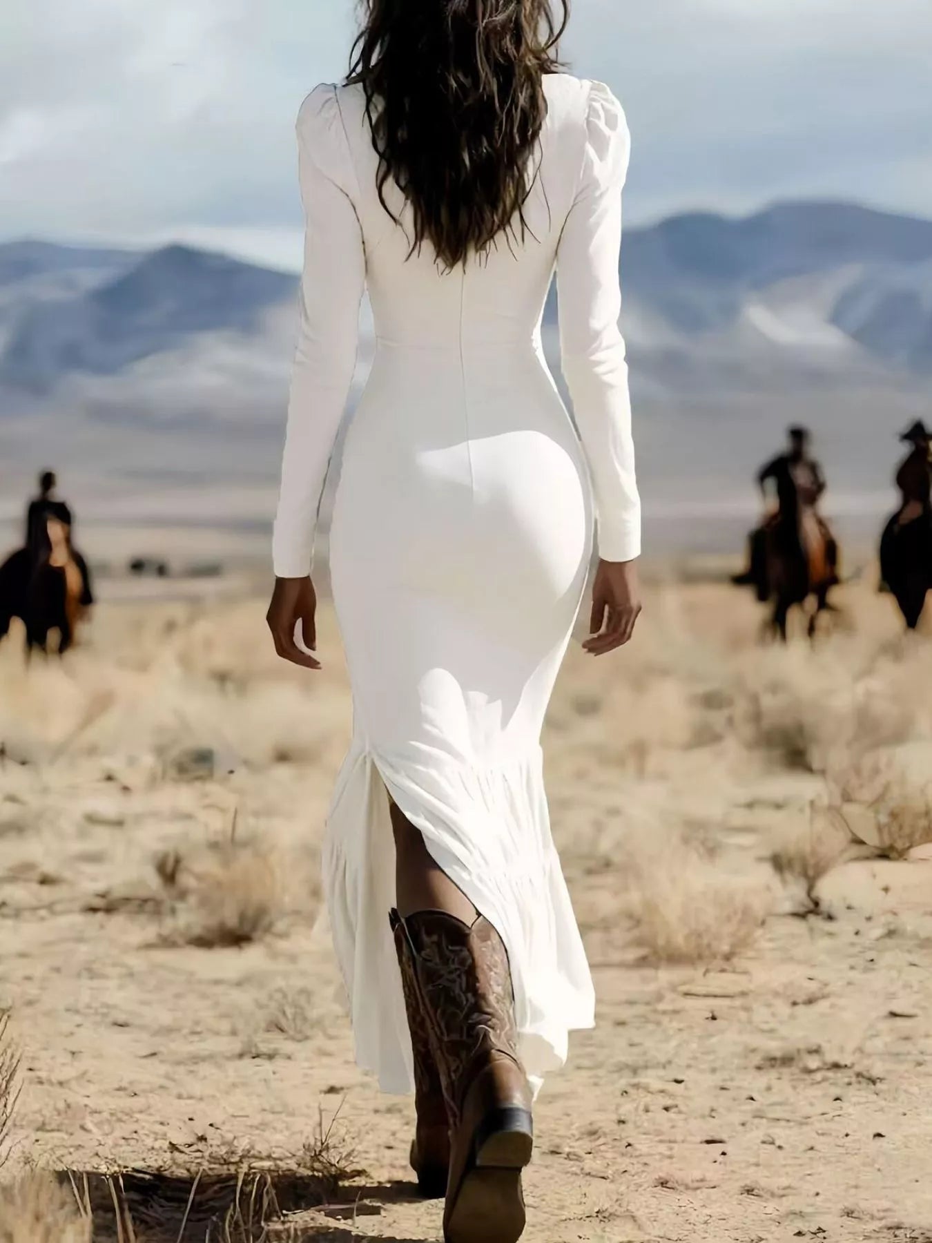 a photo of a woman wearing a long flowy white maxi dress with zip up back